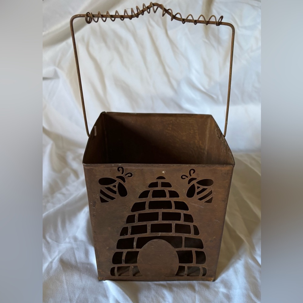 Rustic Brown Metal Lantern with Bee Design